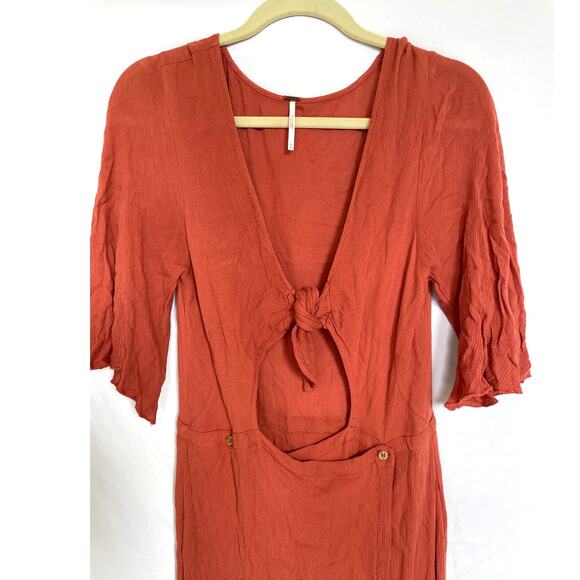 FREE PEOPLE Making You Jealous Tie Front Midi Gauze Dress Terracotta. Medium - Picture 4 of 6